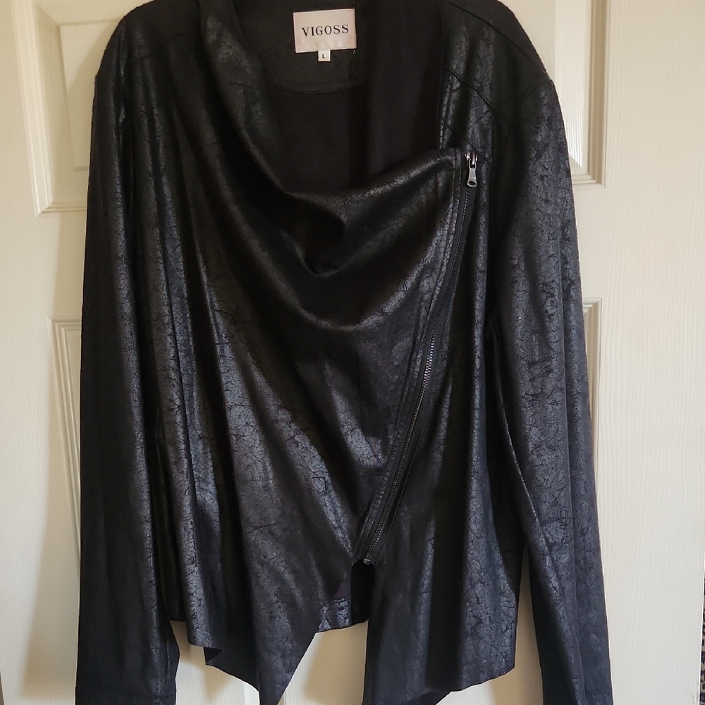 Vigoss Women's Elegant Black Faux Leather Jacket Size L ♠️